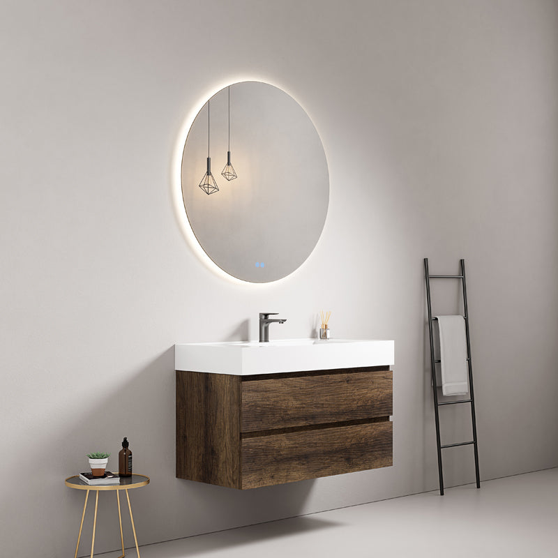 Mobile bagno sospeso 80 cm Bruno Scuro Lavabo in Resina Specchio Tondo Retroilluminato - Fiji Wood