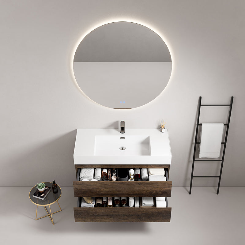 Mobile bagno sospeso 80 cm Bruno Scuro Lavabo in Resina Specchio Tondo Retroilluminato - Fiji Wood