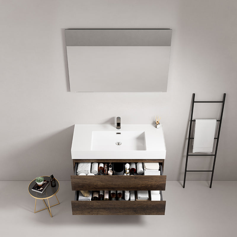 Mobile bagno sospeso 80 cm Bruno Scuro Lavabo in Resina Specchio Quadro - Fiji Wood