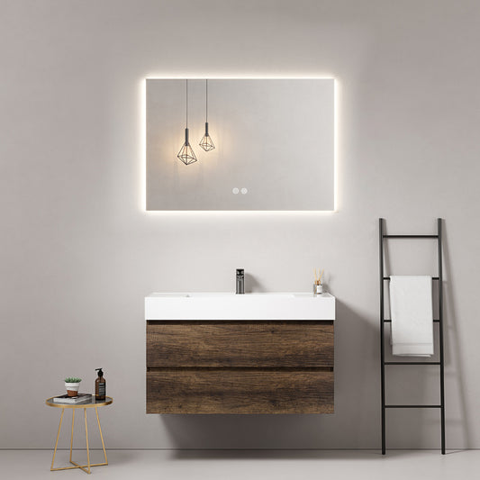 Mobile bagno sospeso 100 cm Bruno Scuro Lavabo in Resina Specchio Quadro Retroilluminato - Fiji Wood