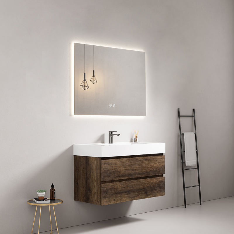 Mobile bagno sospeso 80 cm Bruno Scuro Lavabo in Resina Specchio Quadro Retroilluminato - Fiji Wood