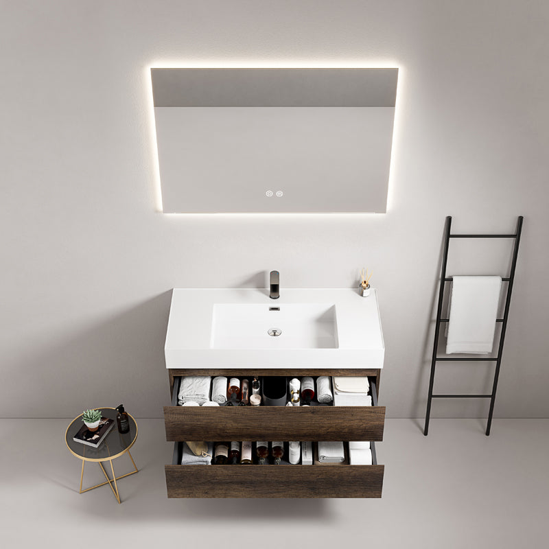 Mobile bagno sospeso 80 cm Bruno Scuro Lavabo in Resina Specchio Quadro Retroilluminato - Fiji Wood