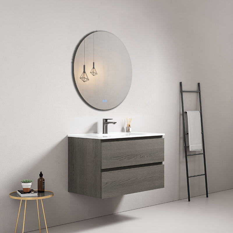 Mobile bagno sospeso 80 cm Grey Lavabo in Ceramica Specchio Tondo - Fiji Wood