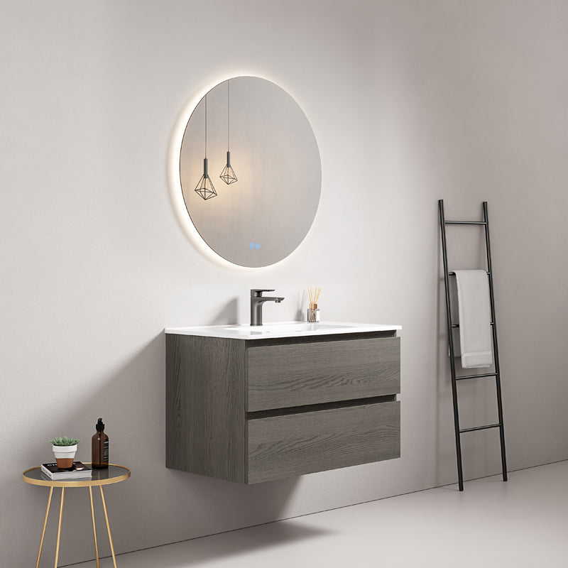 Mobile bagno sospeso 80 cm Grey Lavabo in Ceramica Specchio Tondo Retroilluminato - Fiji Wood