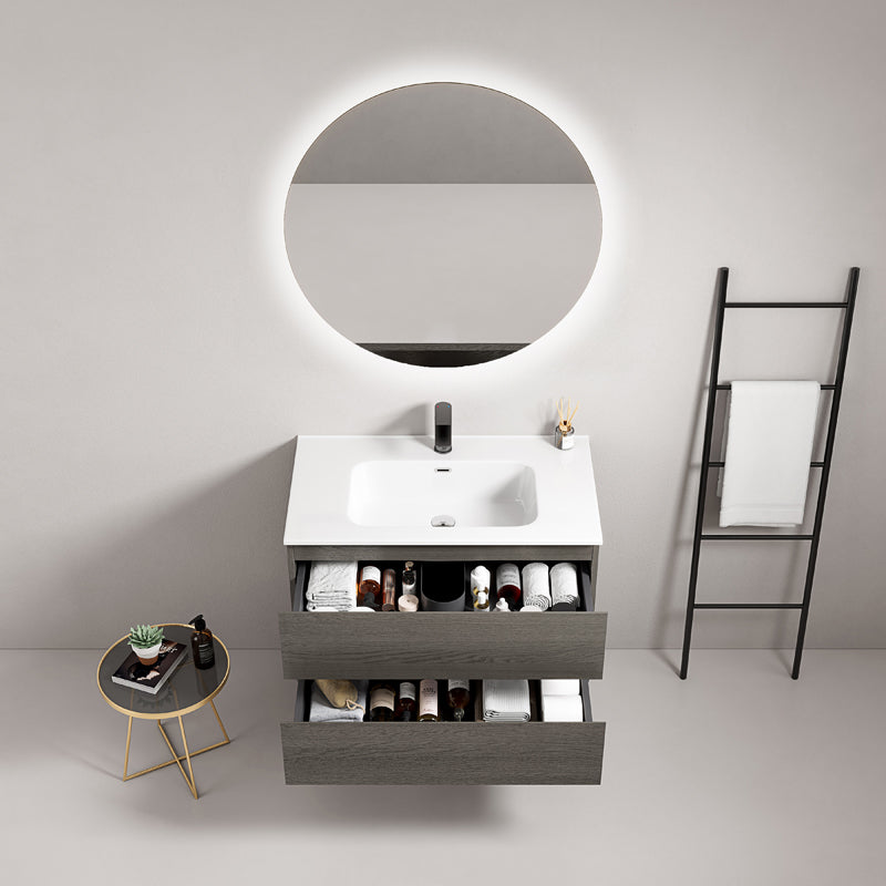Mobile bagno sospeso 80 cm Grey Lavabo in Ceramica Specchio Tondo Retroilluminato - Fiji Wood