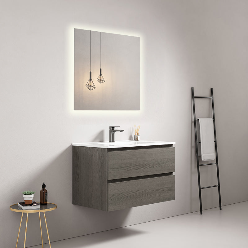 Mobile bagno sospeso 80 cm Grey Lavabo in Ceramica Specchio Quadro Retroilluminato - Fiji Wood