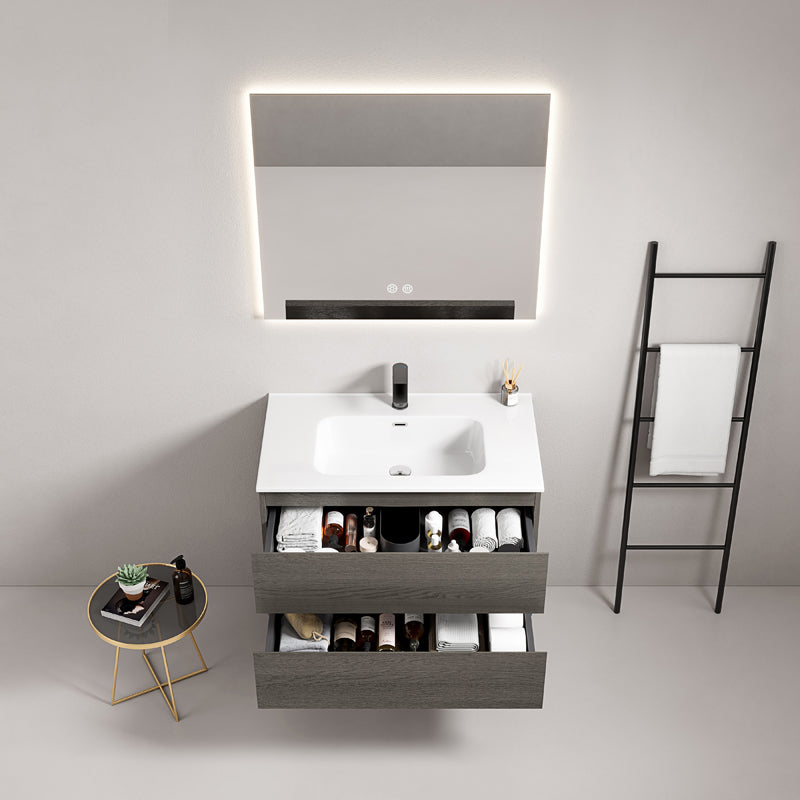 Mobile bagno sospeso 80 cm Grey Lavabo in Ceramica Specchio Quadro Retroilluminato - Fiji Wood