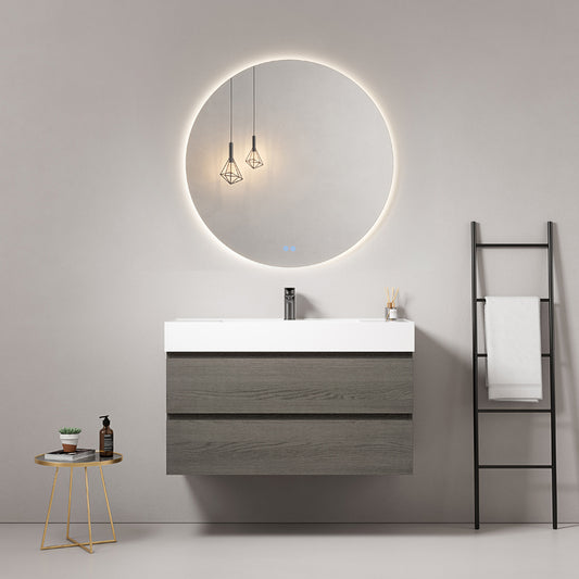 Mobile bagno sospeso 80 cm Grey Lavabo in Resina Specchio Tondo Retroilluminato - Fiji Wood