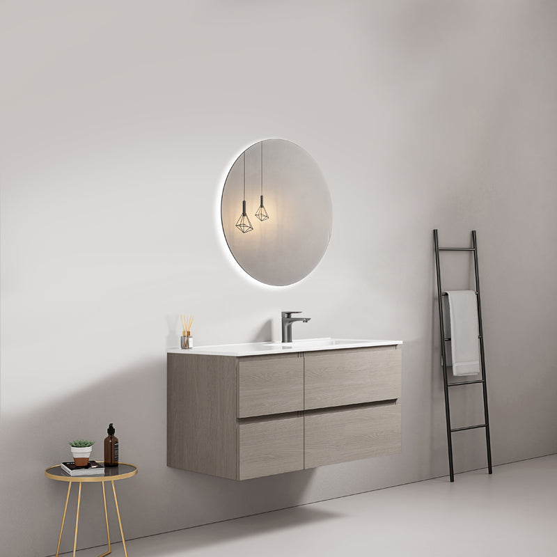 Mobile bagno sospeso 100 cm Beige Lavabo a Destra in Ceramica Specchio Tondo Retroilluminato - Fiji Wood