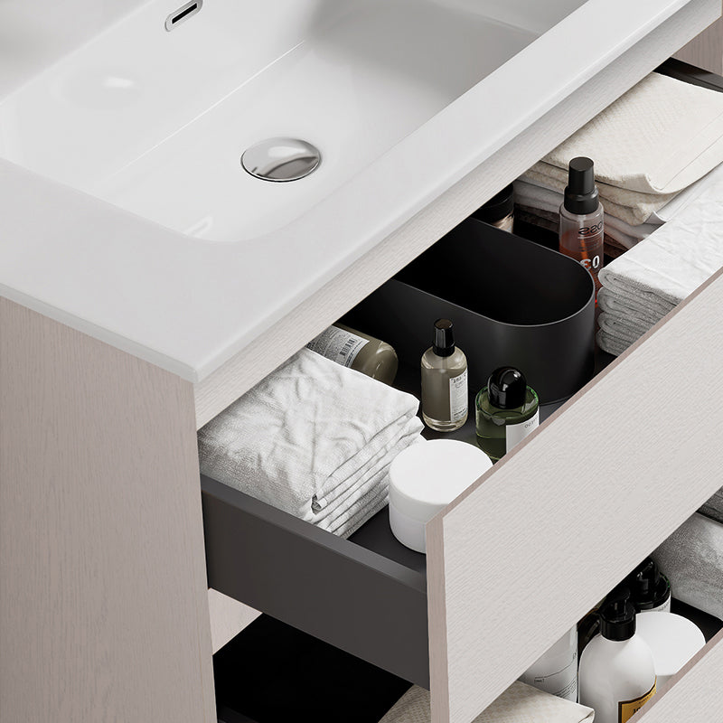 Mobile bagno sospeso 80 cm Bianco Lavabo in Ceramica Specchio Quadro Retroilluminato - Fiji Wood