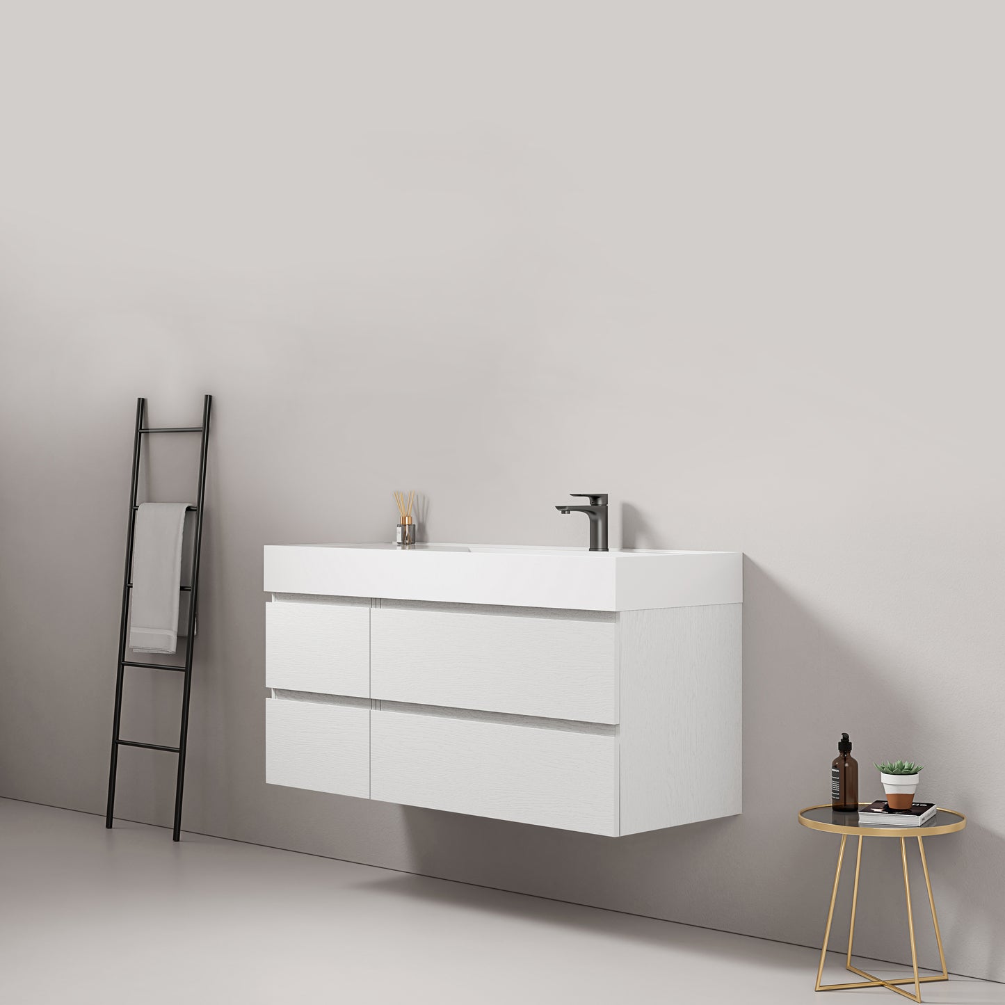 Mobile bagno sospeso 120 cm Bianco Lavabo a Destra in Resina Senza Specchio - Fiji Wood