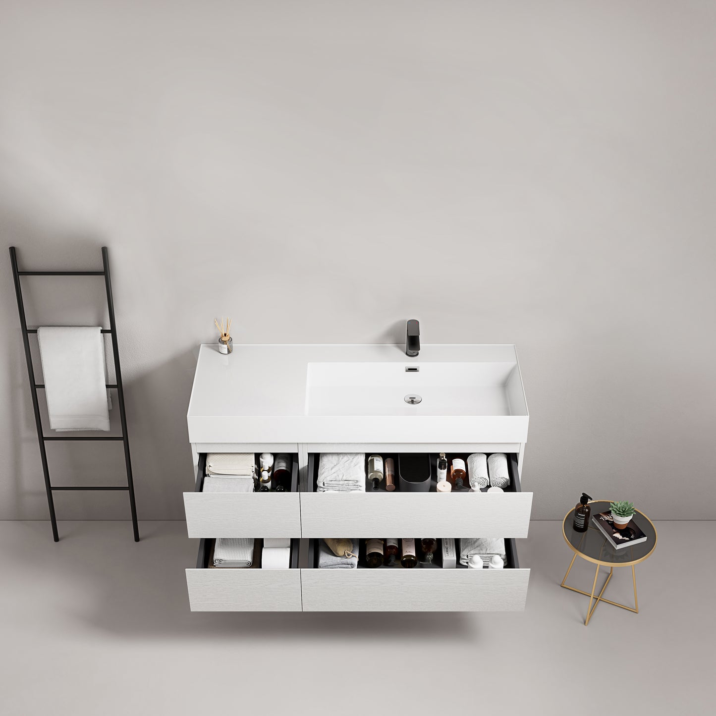 Mobile bagno sospeso 120 cm Bianco Lavabo a Destra in Resina Senza Specchio - Fiji Wood