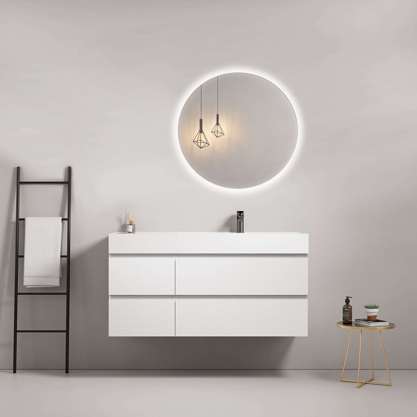 Mobile bagno sospeso 120 cm Bianco Lavabo a Destra in Resina Specchio Tondo Retroilluminato - Fiji Wood