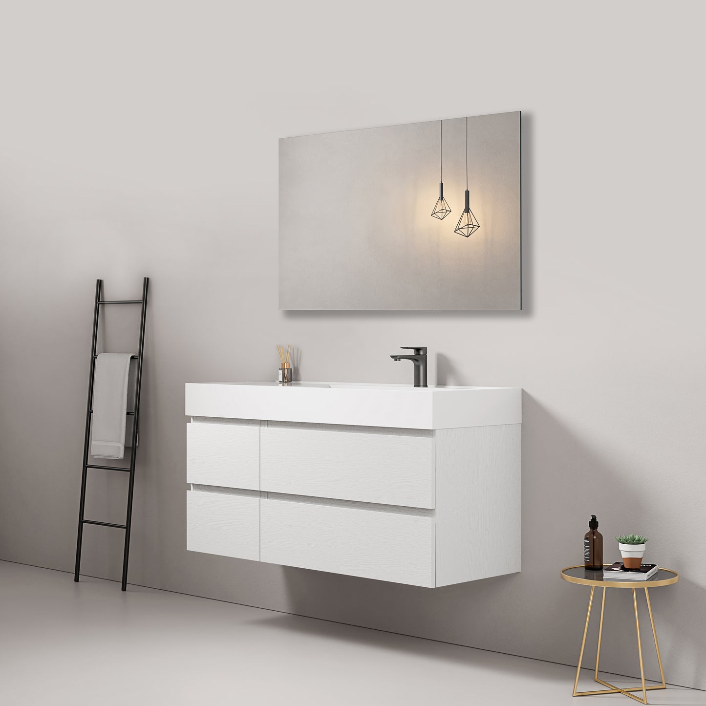 Mobile bagno sospeso 120 cm Bianco Lavabo a Destra in Resina Specchio Quadro - Fiji Wood