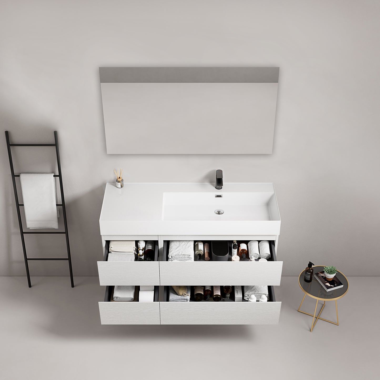 Mobile bagno sospeso 120 cm Bianco Lavabo a Destra in Resina Specchio Quadro - Fiji Wood