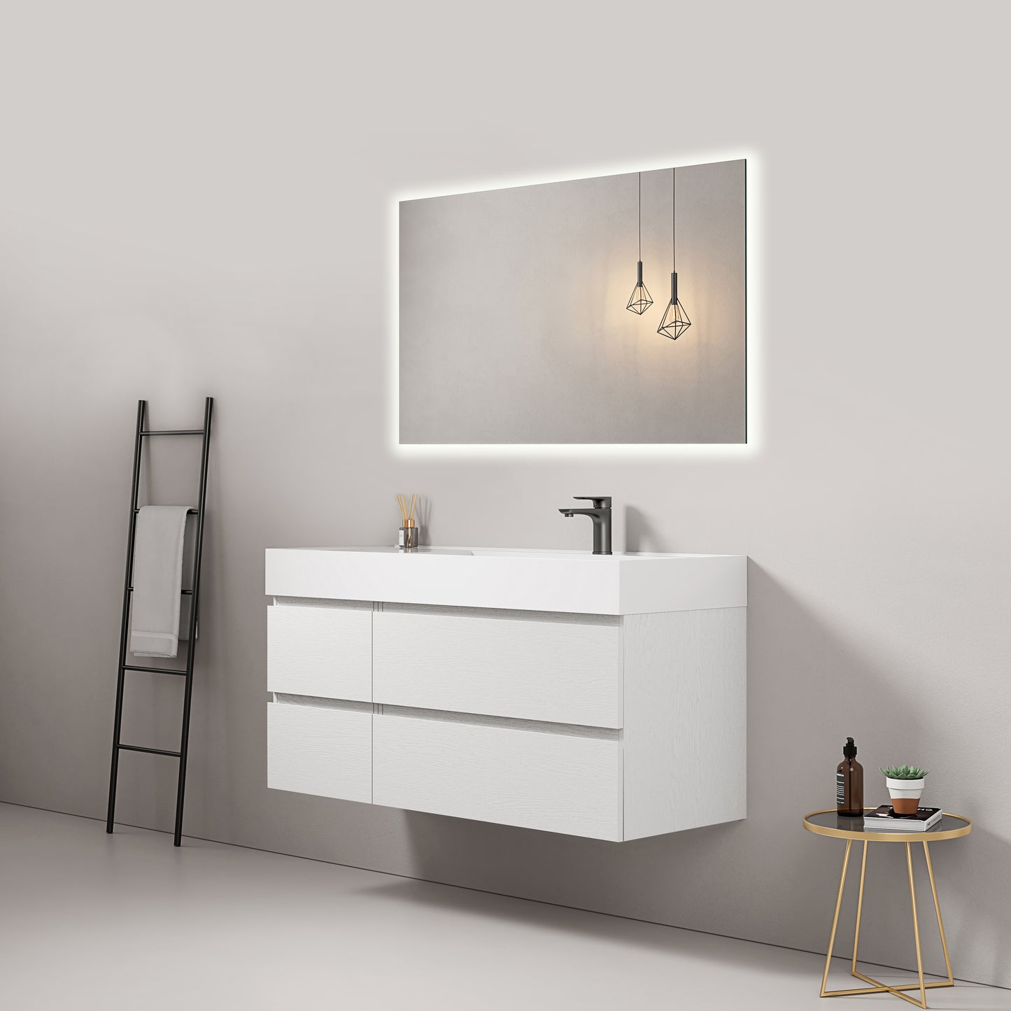 Mobile bagno sospeso 120 cm Bianco Lavabo a Destra in Resina Specchio Quadro Retroilluminato - Fiji Wood