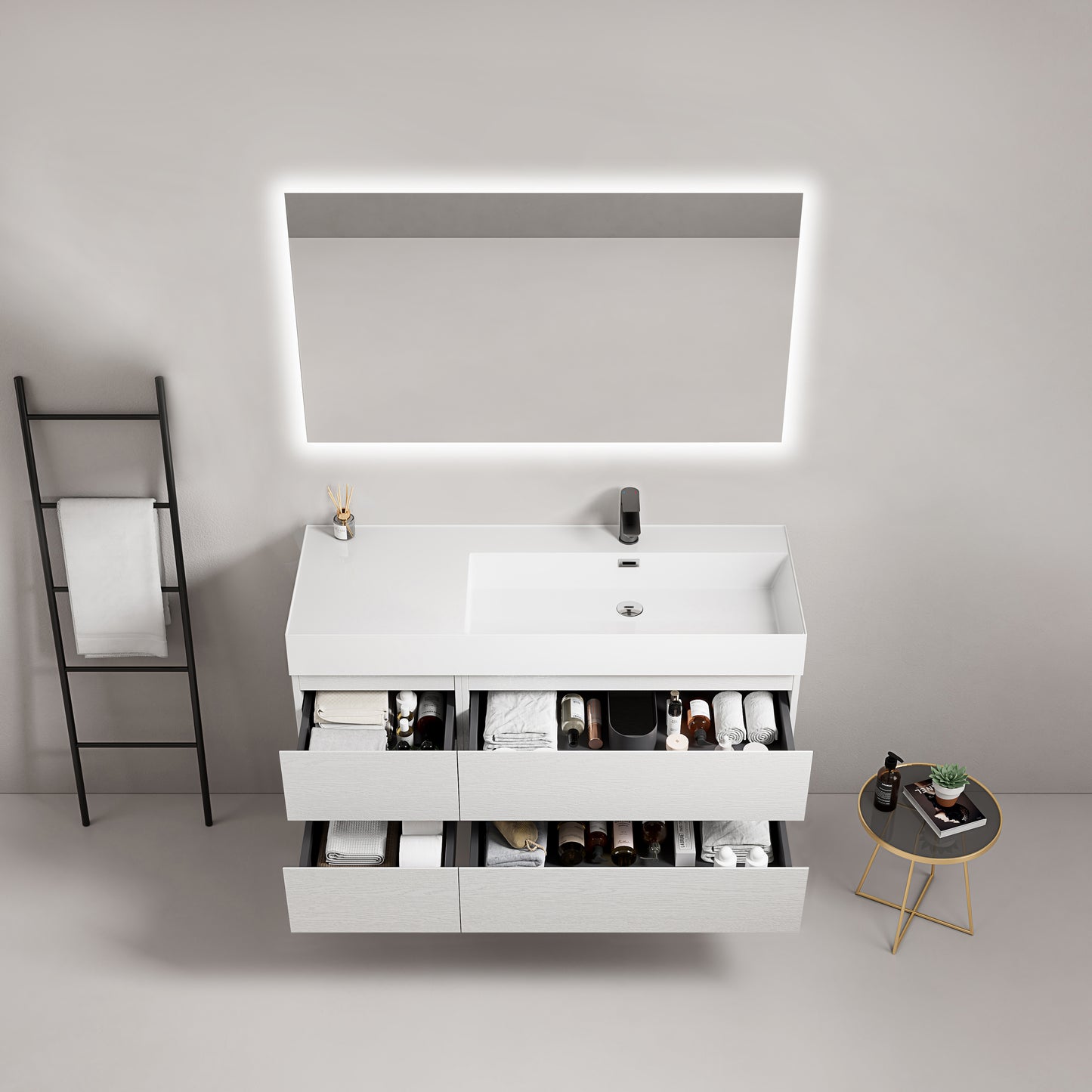 Mobile bagno sospeso 120 cm Bianco Lavabo a Destra in Resina Specchio Quadro Retroilluminato - Fiji Wood