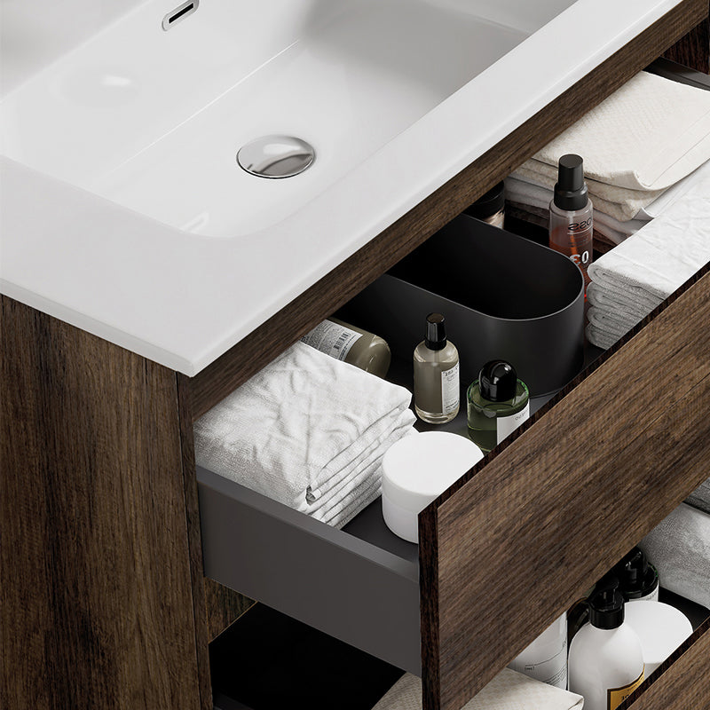 Mobile bagno sospeso 60 cm Bruno Scuro Lavabo in Ceramica Specchio Tondo - Fiji Wood