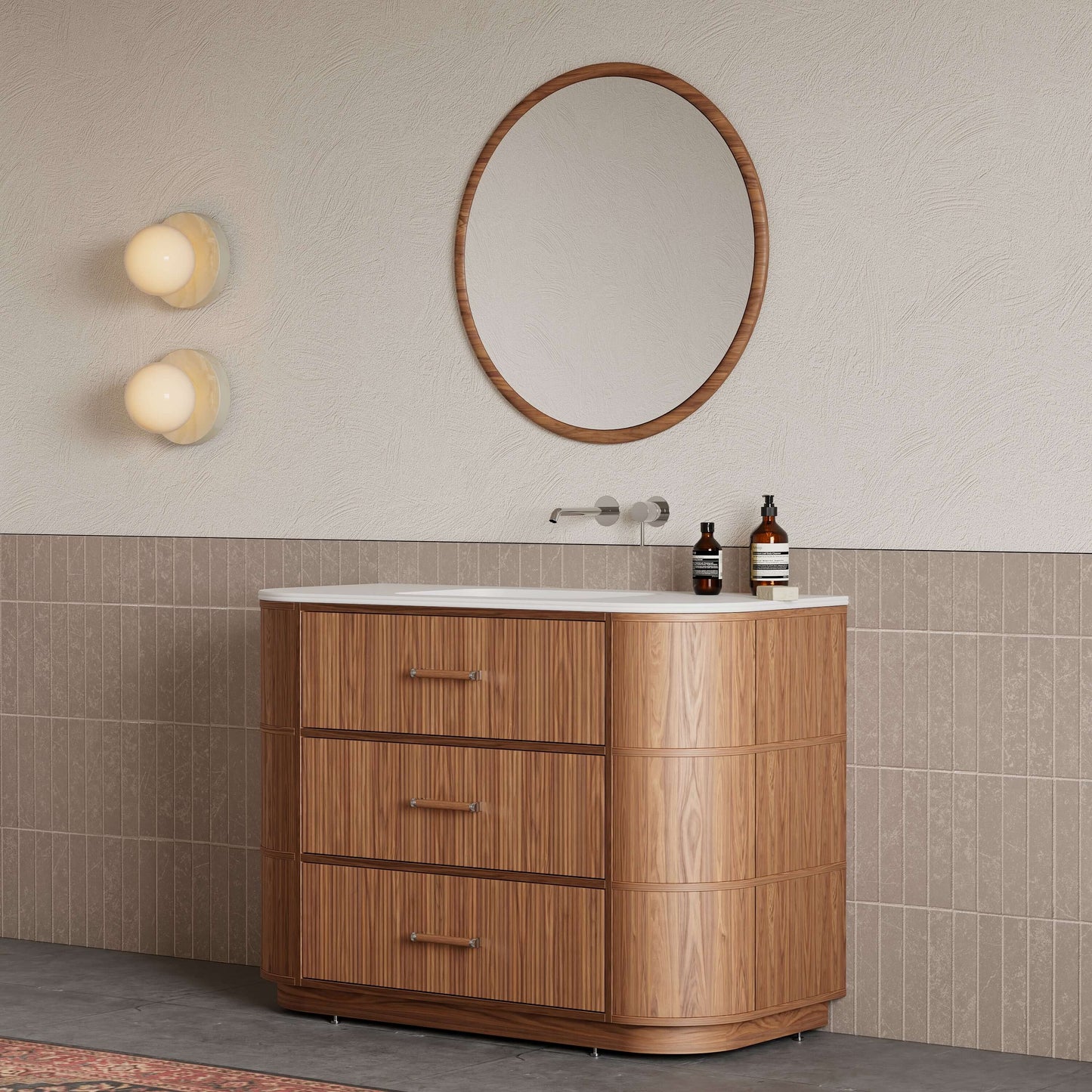 Mobile Bagno 120 cm A Terra Rovere Medio Con Specchio Tondo - Naru