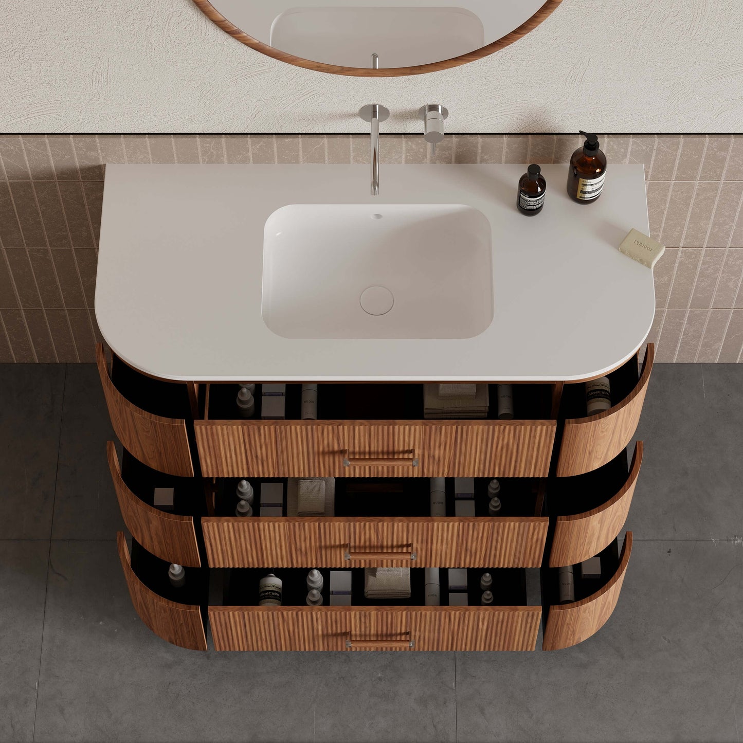 Mobile Bagno 120 cm A Terra Rovere Medio Con Specchio Tondo - Naru