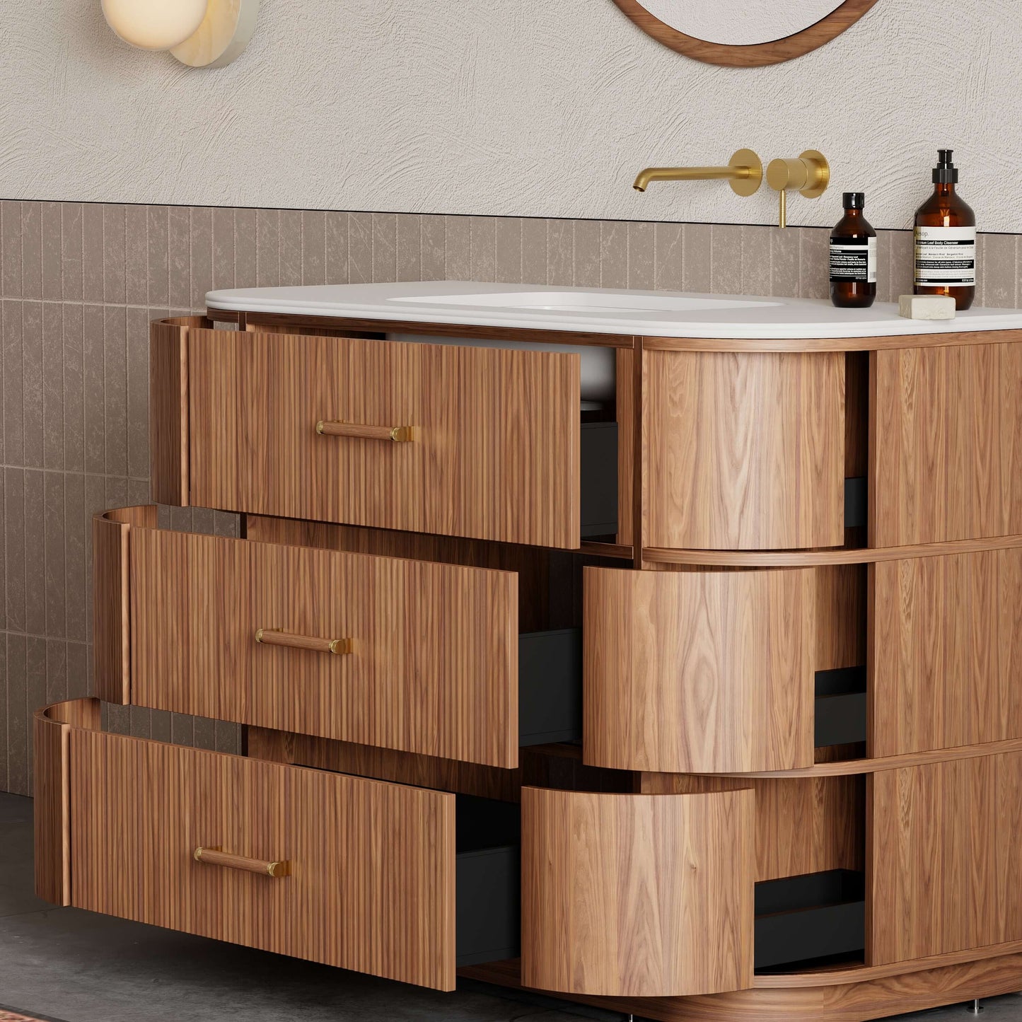 Mobile Bagno 120 cm A Terra Rovere Medio Con Specchio Tondo - Naru
