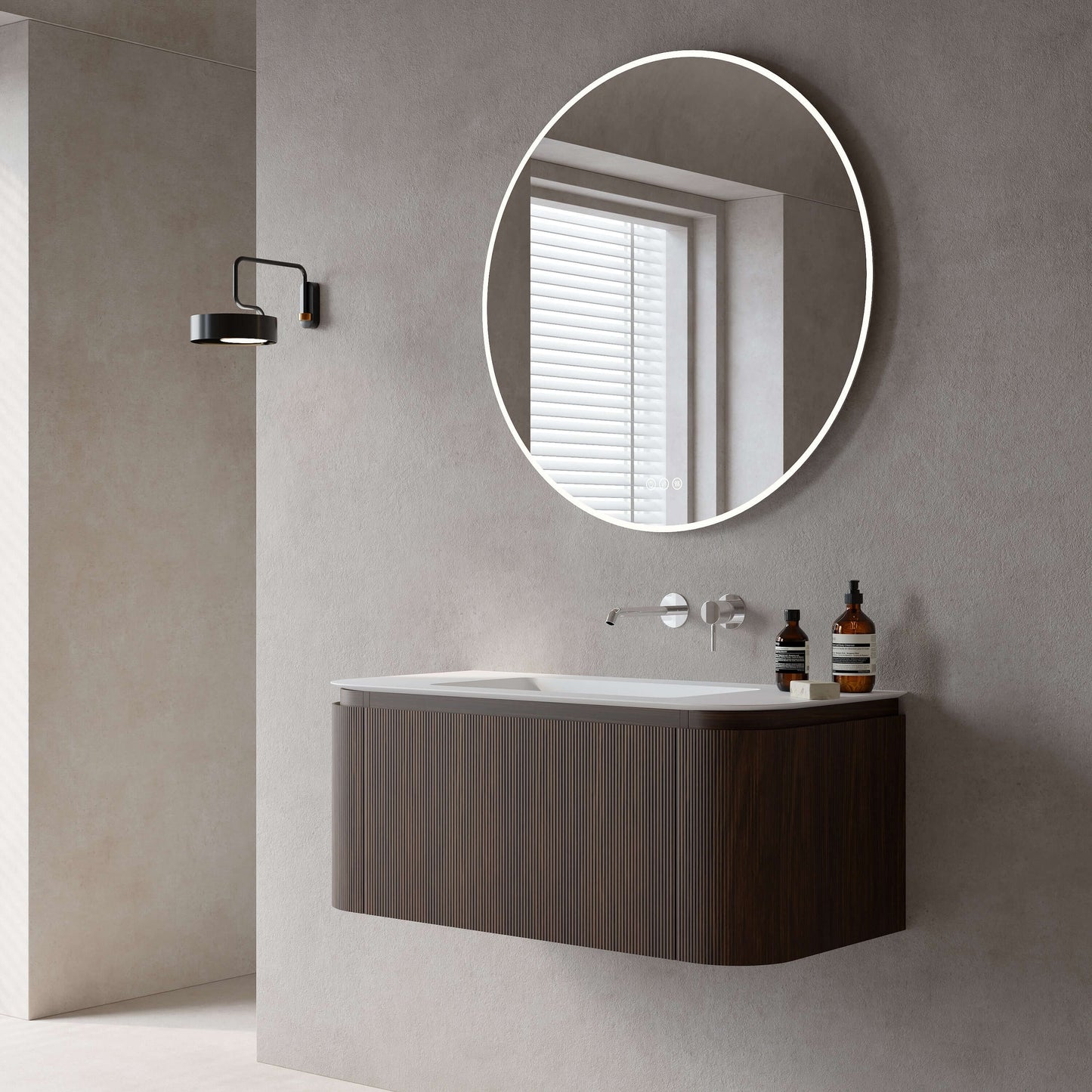 Mobile Bagno 100 cm Sospeso Rovere Medio Specchio Tondo Retroilluminato - Nooma