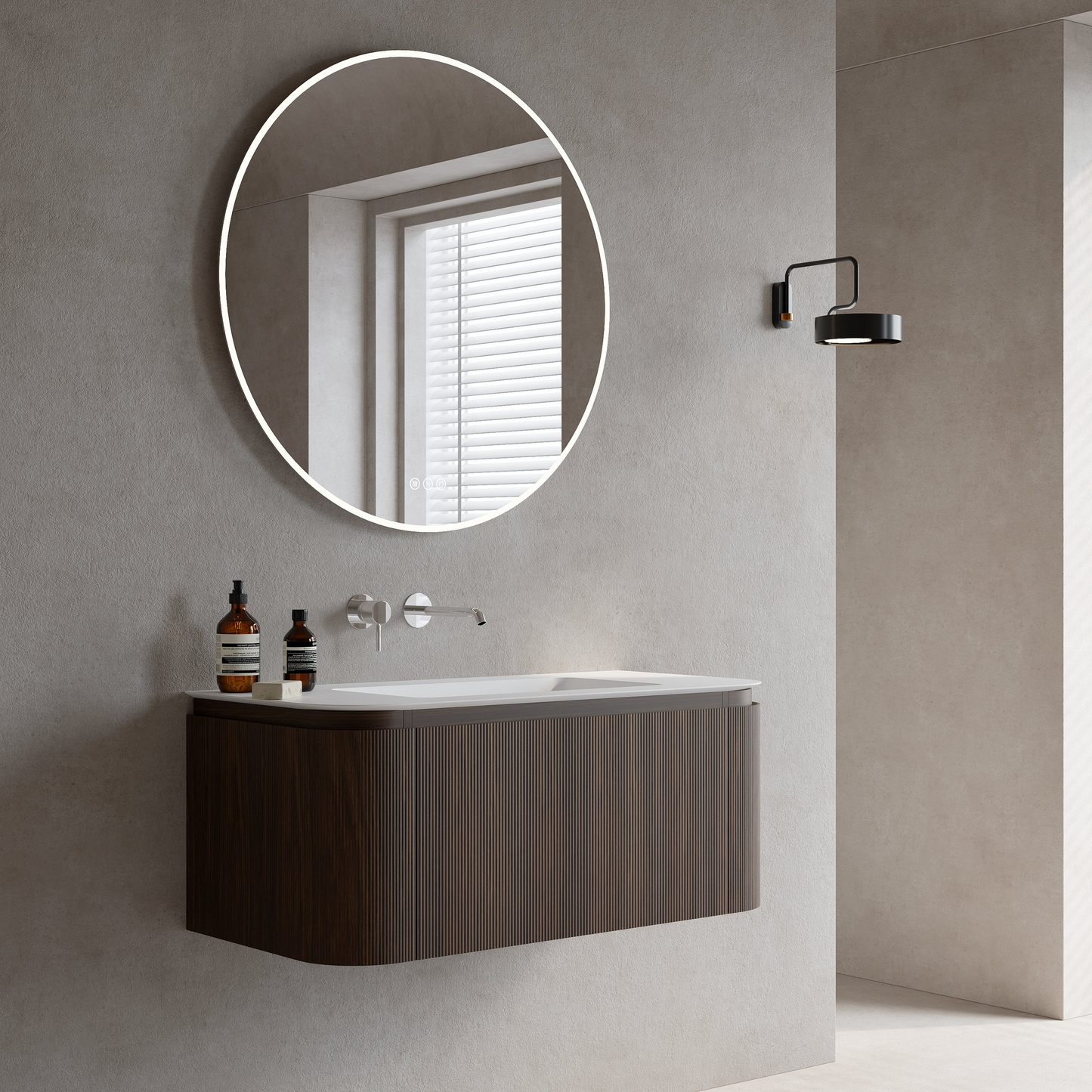 Mobile Bagno 100 cm Sospeso Rovere Medio Specchio Tondo Retroilluminato - Nooma