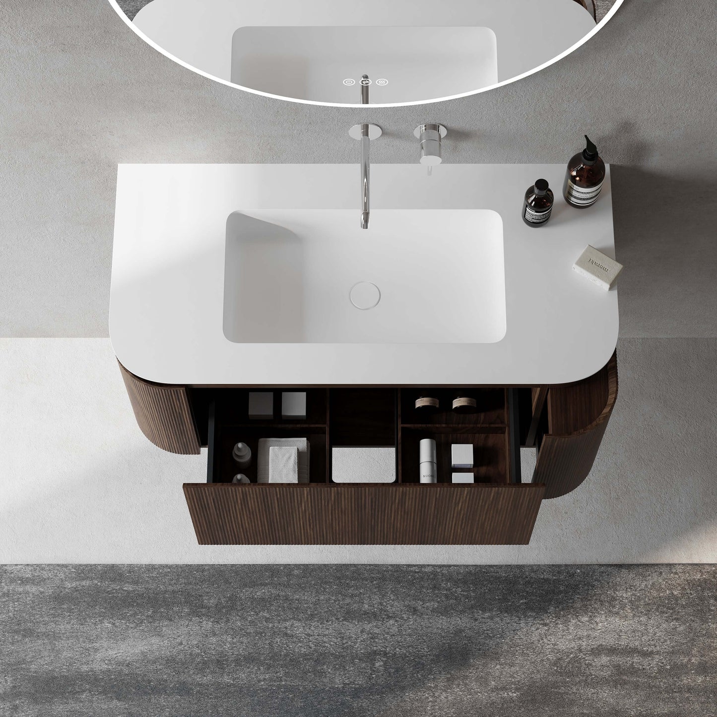 Mobile Bagno 100 cm Sospeso Rovere Medio Specchio Tondo Retroilluminato - Nooma