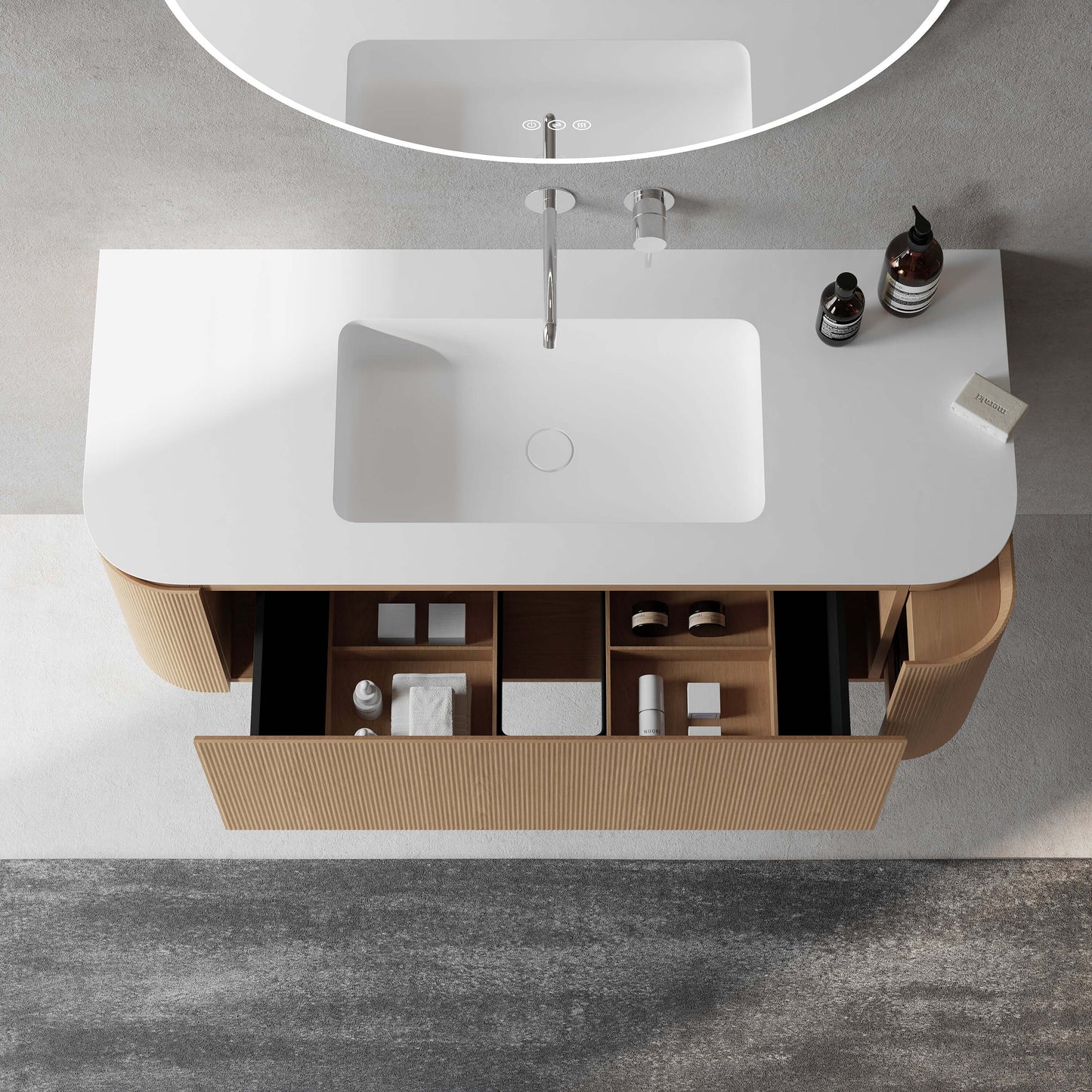 Mobile Bagno 120 cm Sospeso Rovere Chiaro Specchio Tondo Retroilluminato - Nooma