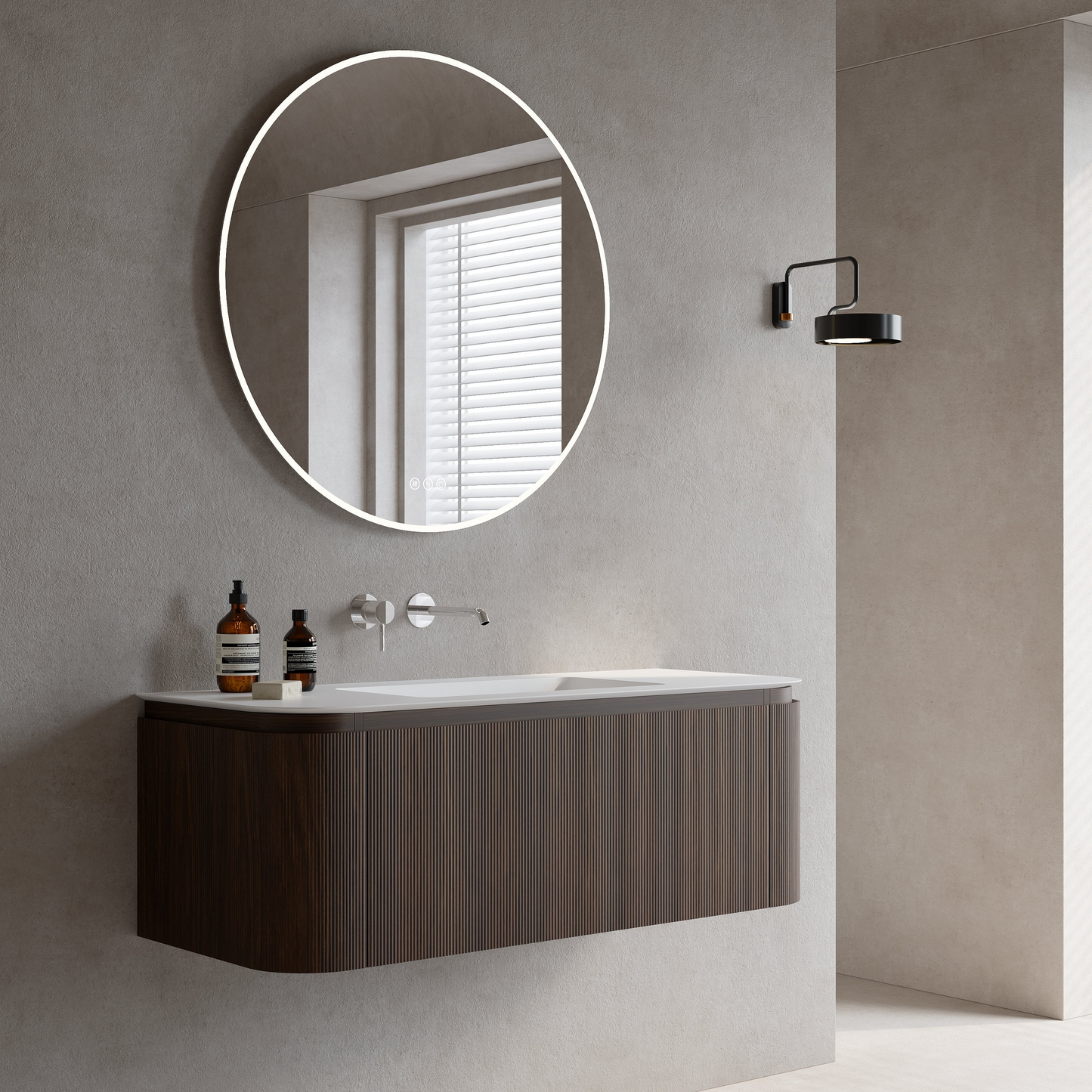 Mobile Bagno 120 cm Sospeso Rovere Medio Specchio Tondo Retroilluminato - Nooma