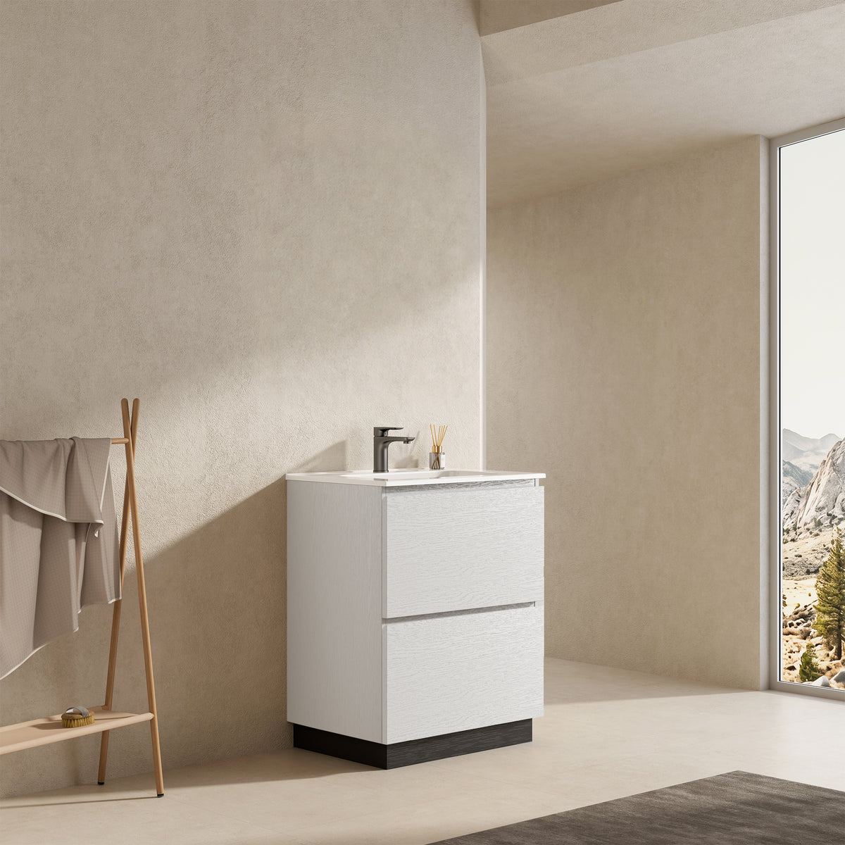 Mobile bagno a Terra 60 cm Bianco Lavabo in Ceramica Senza Specchio - Nube Wood