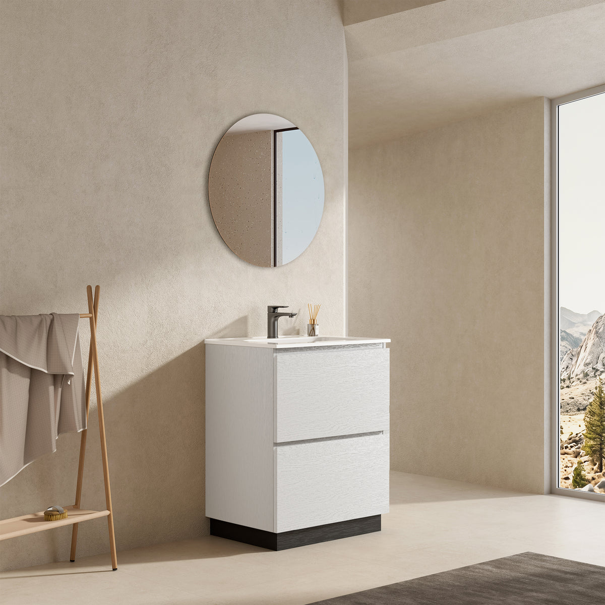Mobile bagno a Terra 60 cm Bianco Lavabo in Ceramica Specchio Tondo - Nube Wood