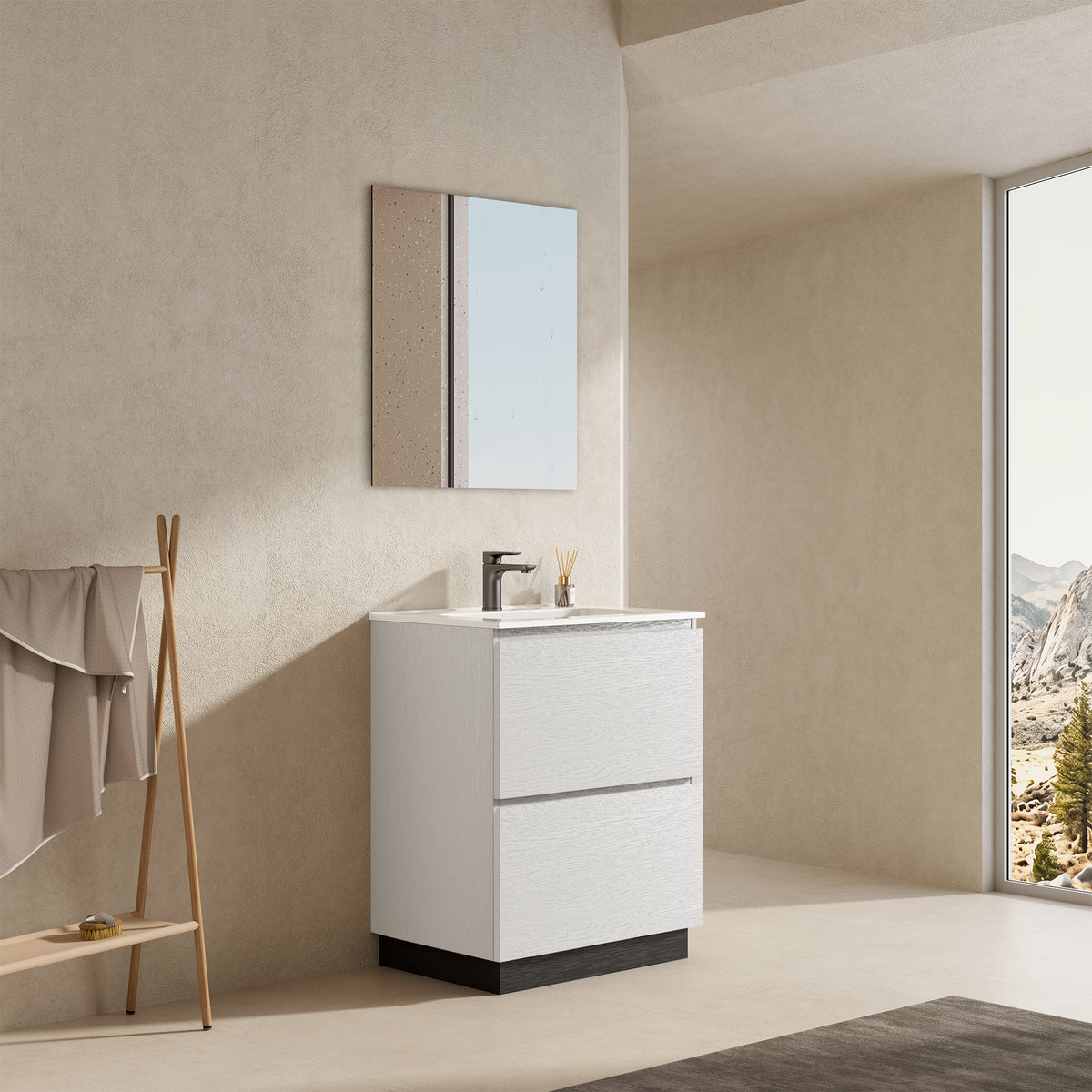 Mobile bagno a Terra 60 cm Bianco Lavabo in Ceramica Specchio Tondo Retroilluminato - Nube Wood
