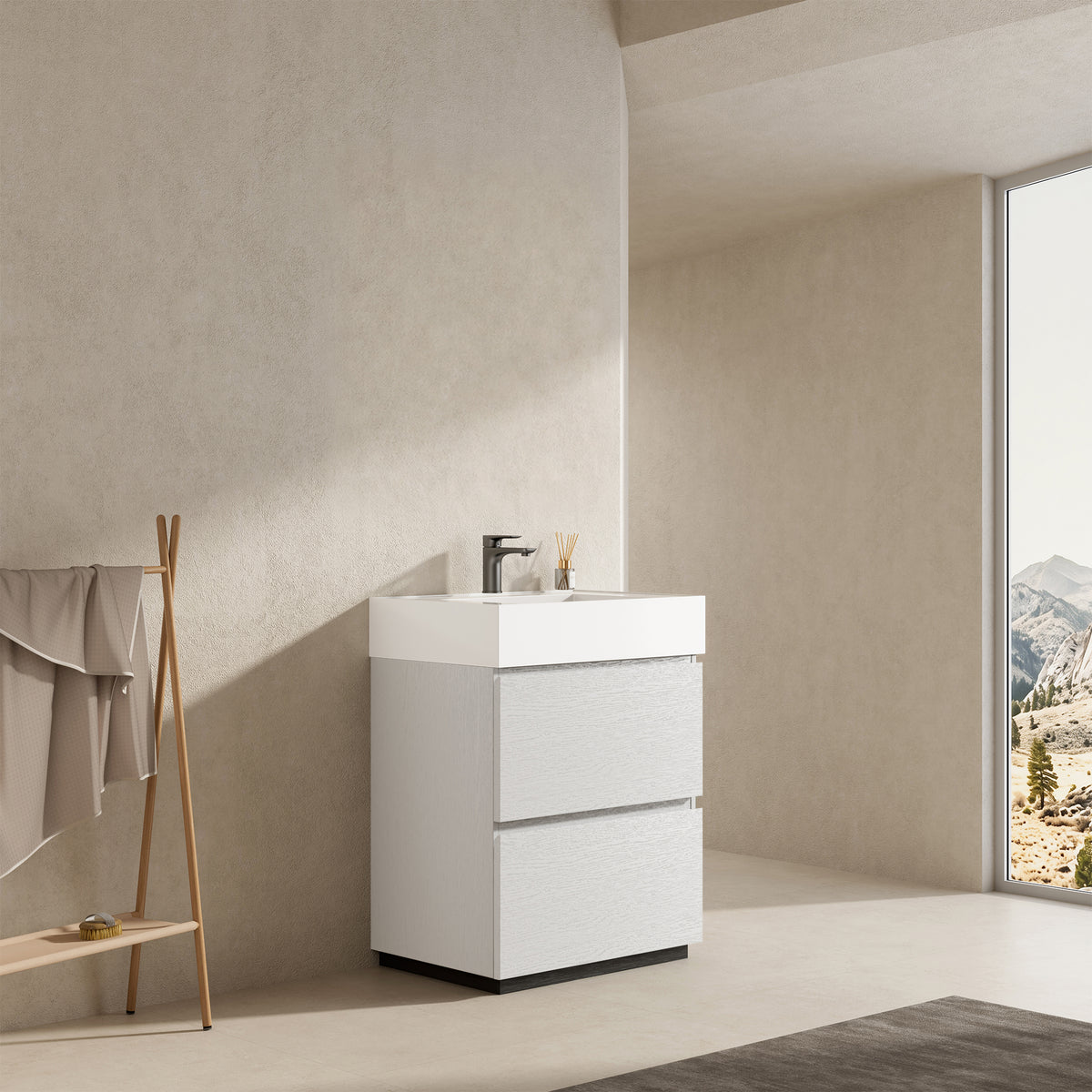 Mobile bagno a Terra 60 cm Bianco Lavabo in Resina Senza Specchio - Nube Wood