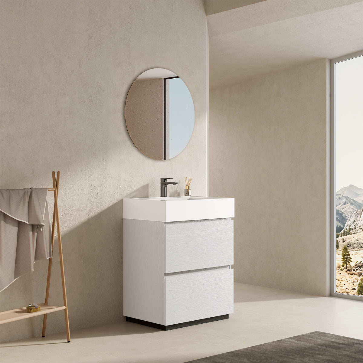 Mobile bagno a Terra 60 cm Bianco Lavabo in Resina Specchio Tondo - Nube Wood