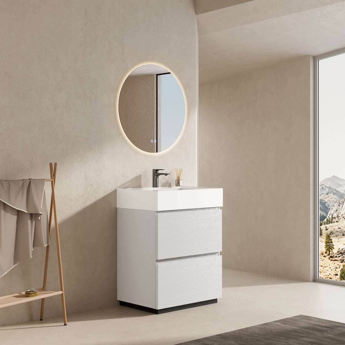 Mobile bagno a Terra 60 cm Bianco Lavabo in Resina Specchio Quadro - Nube Wood