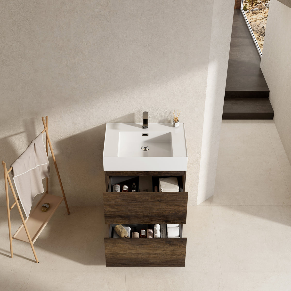 Mobile bagno a Terra 60 cm Bruno Scuro Lavabo in Resina Senza Specchio - Nube Wood
