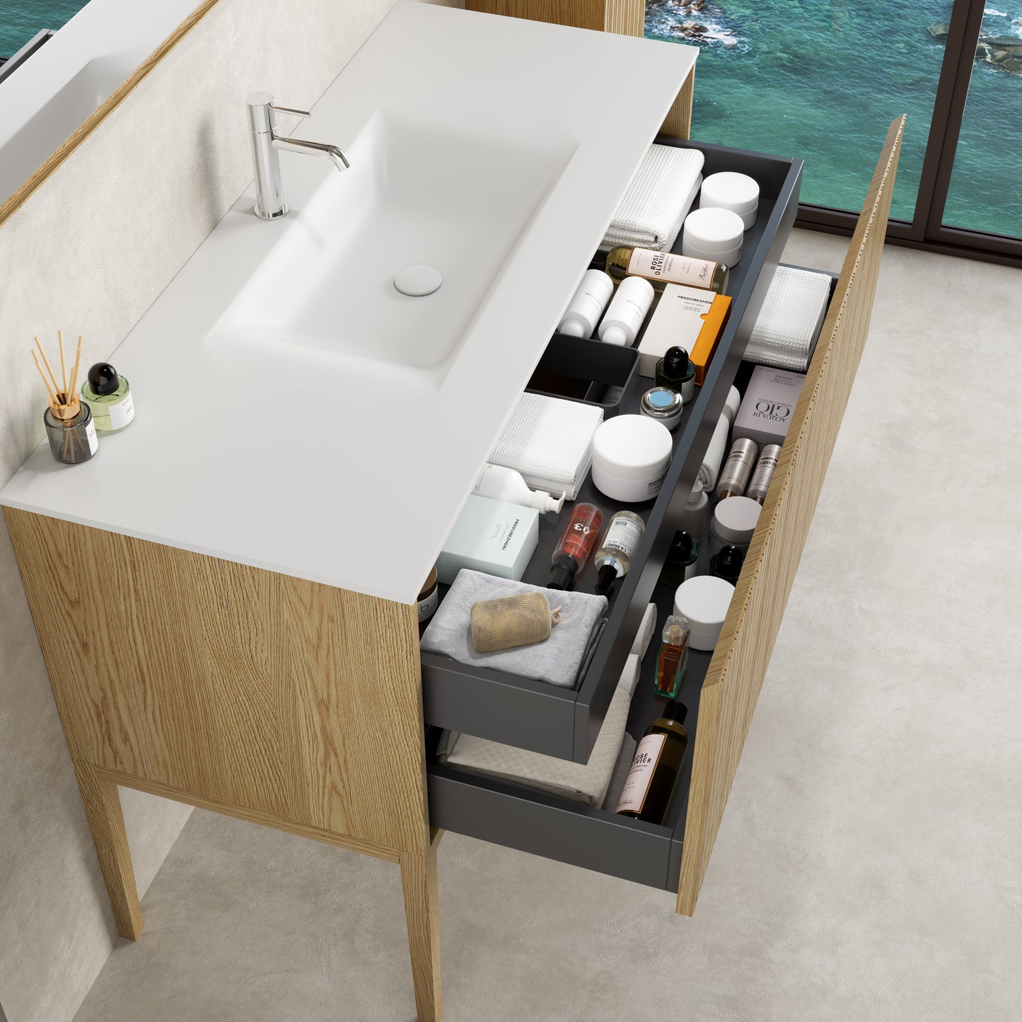 Mobile Bagno 120 cm A Terra Rovere Chiaro Specchio con Cornice - Pace