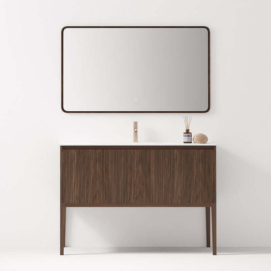 Mobile bagno 120 cm in rovere scuro con specchio e cornice, elegante e funzionale per installazione di sanitari.