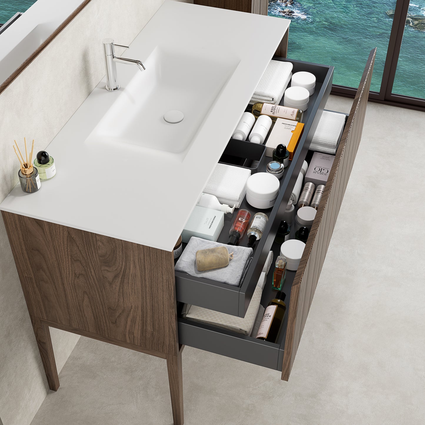 Mobile Bagno 120 cm A Terra Rovere Scuro Specchio con Cornice - Pace