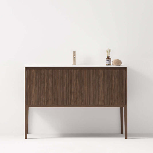 Mobile bagno 120 cm in rovere scuro senza specchio, resistente e ideale per impianti idraulici e sanitari.