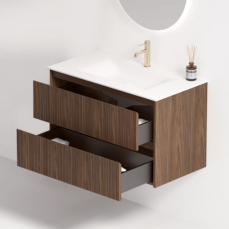 Mobile Bagno Sospeso 90 cm Rovere Scuro Specchio Ovale Retroilluminato - Pace Plus