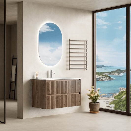 Mobile Bagno Sospeso 90 cm Rovere Scuro Specchio Ovale Retroilluminato - Pace Plus