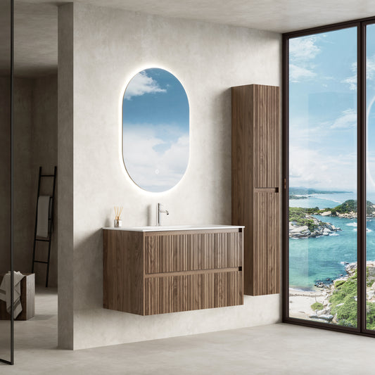 Mobile Bagno Sospeso 90 cm Rovere Scuro Specchio Ovale Retroilluminato - Pace Plus