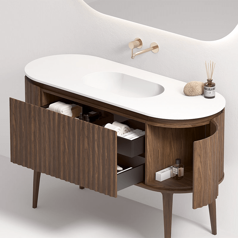 Mobile Bagno 140 cm A Terra Rovere Scuro Specchio Ovale Retroilluminato - Reid