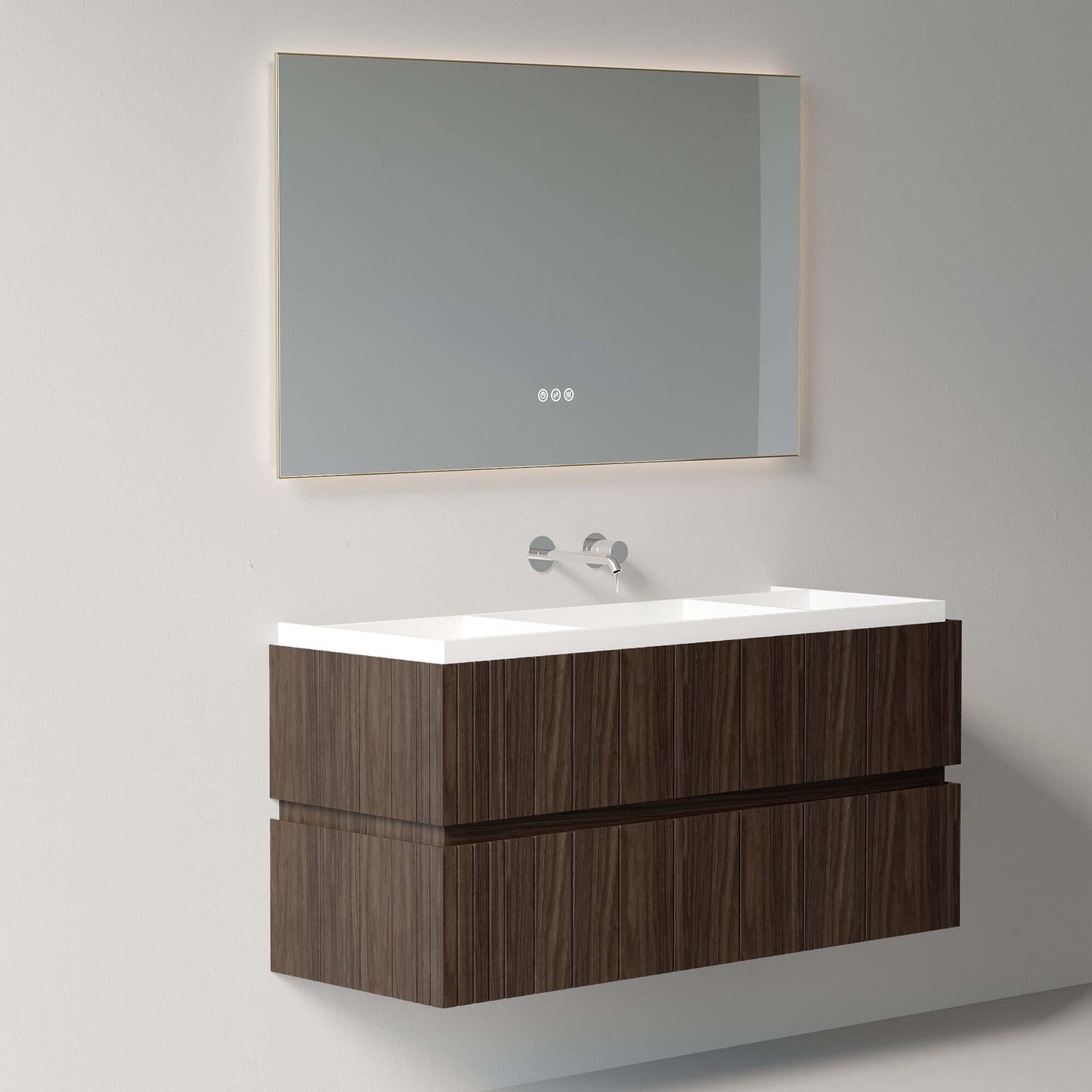Mobile Bagno 120 cm Sospeso Rovere Scuro Specchio Retroilluminato - Roshi