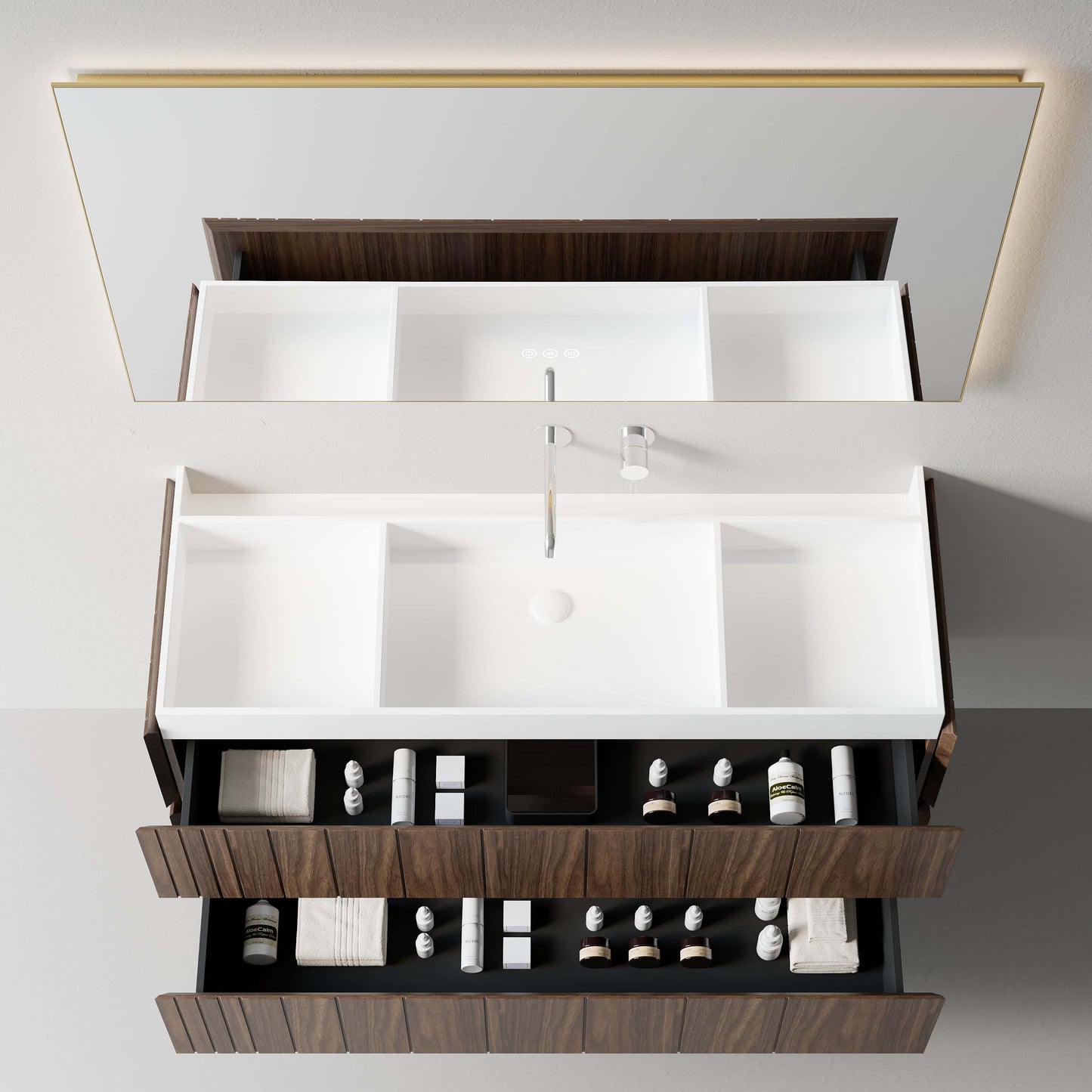 Mobile Bagno 120 cm Sospeso Rovere Scuro Specchio Retroilluminato - Roshi