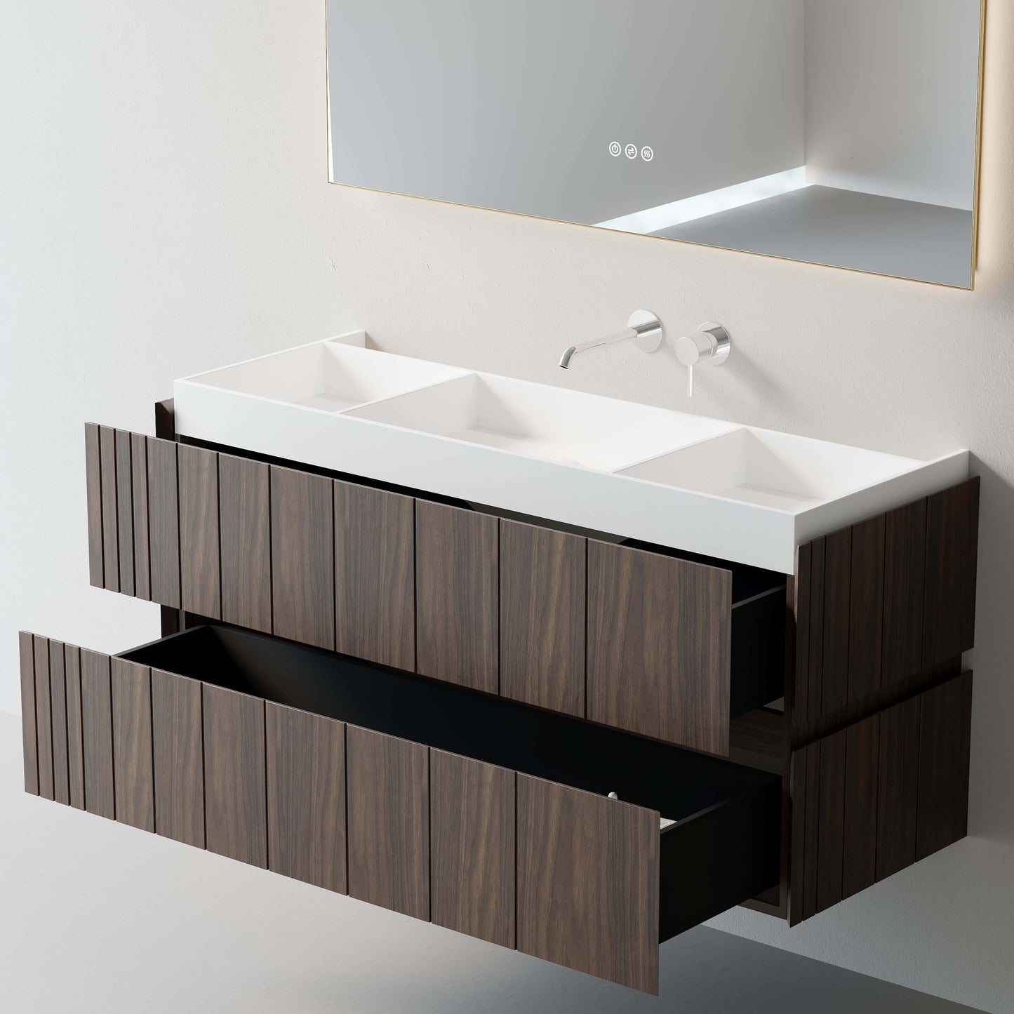 Mobile Bagno 120 cm Sospeso Rovere Scuro Specchio Retroilluminato - Roshi