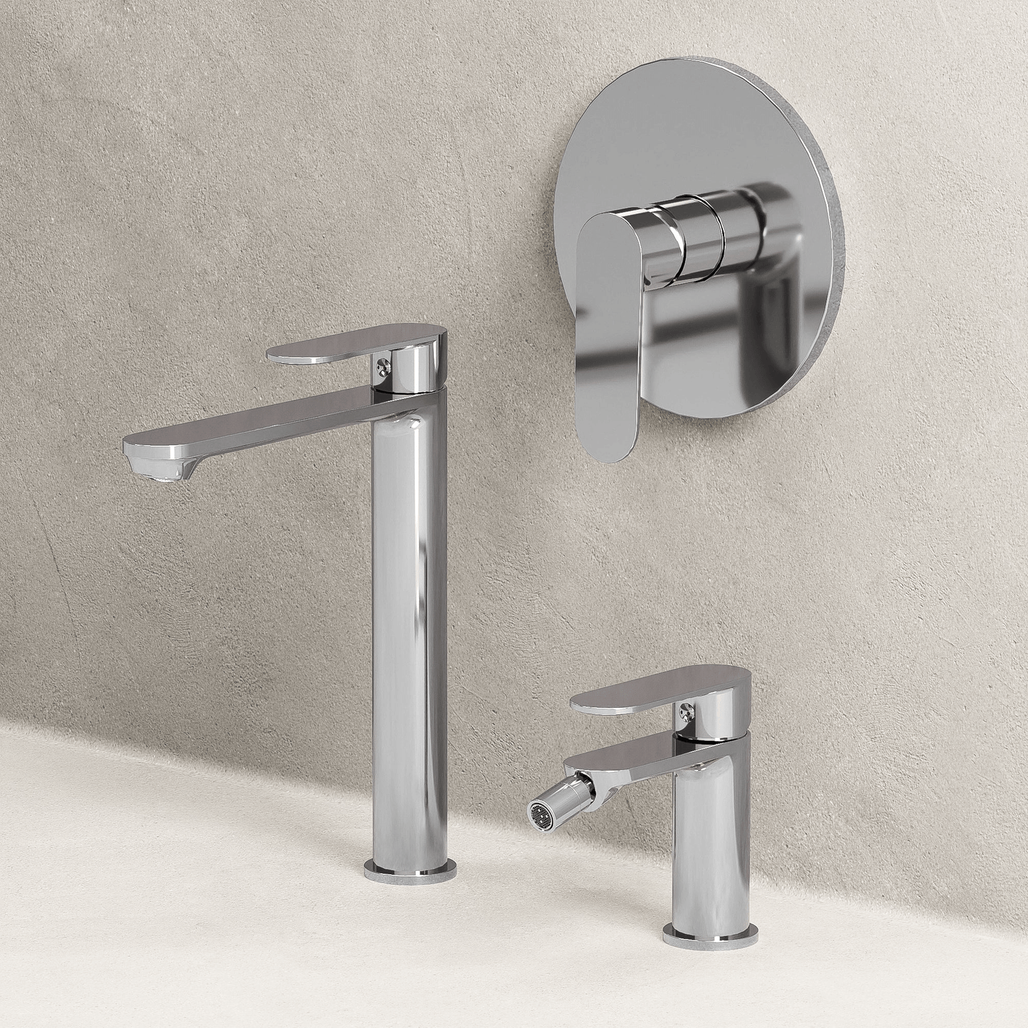 Set Rubinetteria Lavabo Alto Bidet e Doccia Con Piletta Click Clack Cromo - Neptune