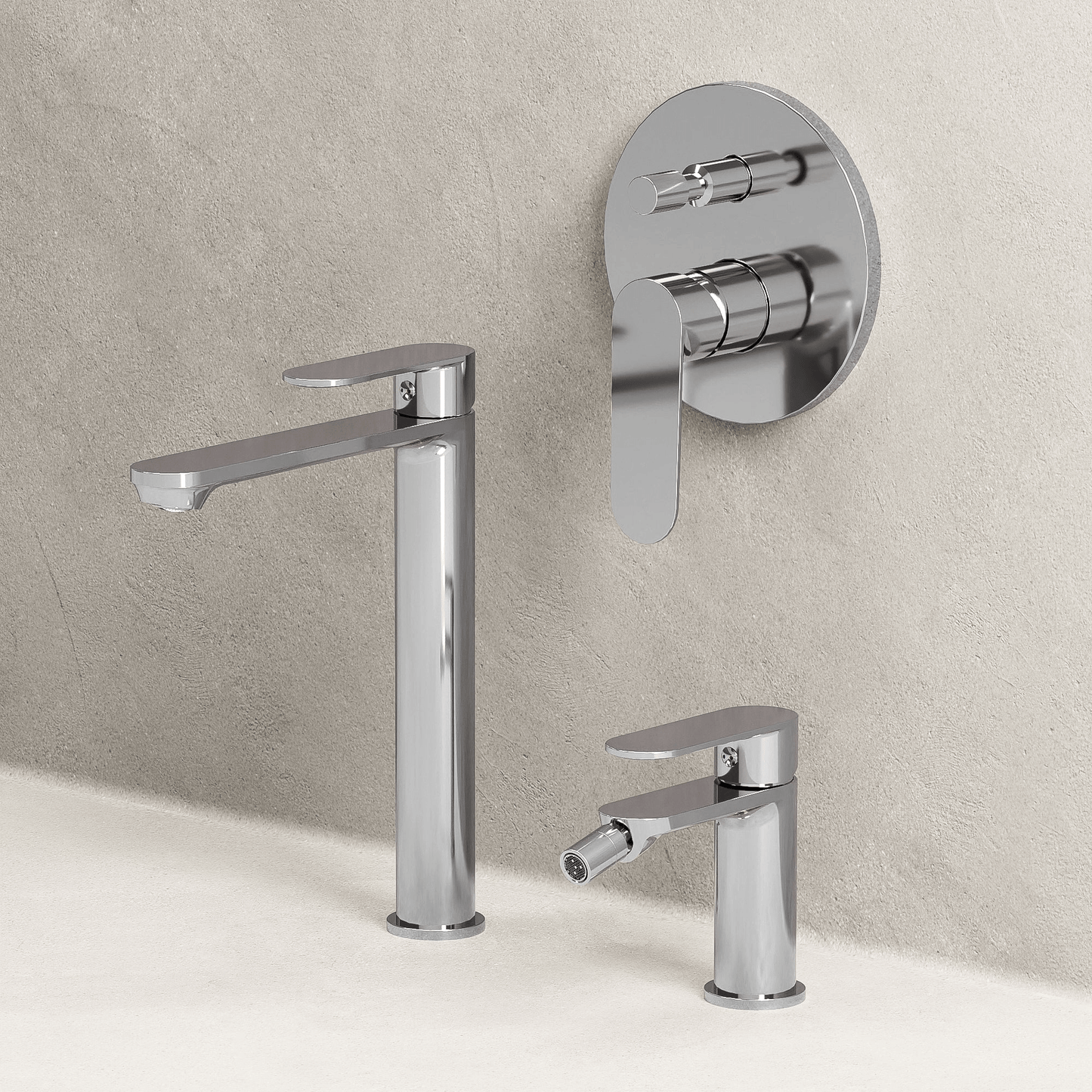 Set Rubinetteria Lavabo Alto Bidet e Doccia Con Deviatore Con Piletta Click Clack Cromo - Neptune